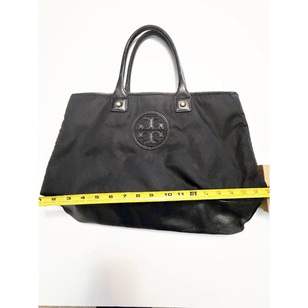 Tory Burch Black Slouchy Nylon Tote – Leather Trim, Striped Lining Description: